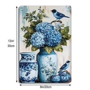 Chinoiserie Blue Vase Hydrangea & Bluebirds Metal Wall Art, Vintage Floral Decor, Great Gift for Cottage & Farmhouse Lovers