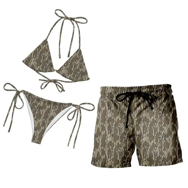 Matching Couple Swimwear - Bottomland Camo String Bikini & Men's Board Shorts Set Classic Bark Camouflage Hunting Style Outdoor Swimsuits, Quick-Dry Beachwear for Lake & River Life, Country Couple Gift, His and Hers Matching Outfits Summer
