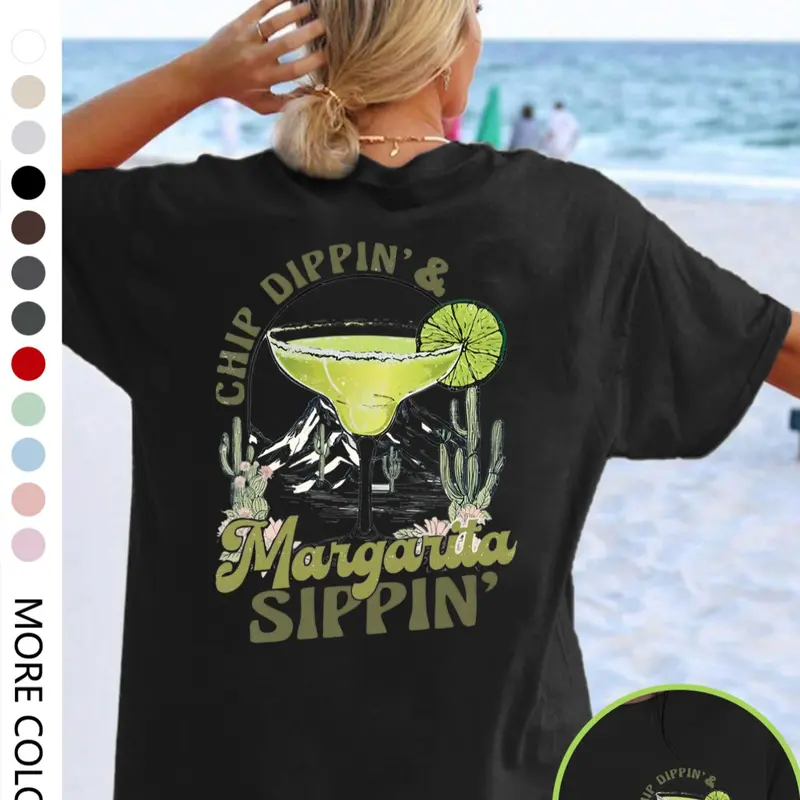 Women's Margarita Print Crewneck Tee, Casual Short Sleeve T-shirt for Daily Wear, Ladies Summer Sleepwear for All Seasons, Top, Casual Everyday Tops