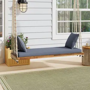 Patio Wooden Swing Chair, Hanging Porch Swing Bench with Cushion&Pillows, 10.8Ft Hemp Ropes for Garden,Backyard, Lawn,Natural   WL