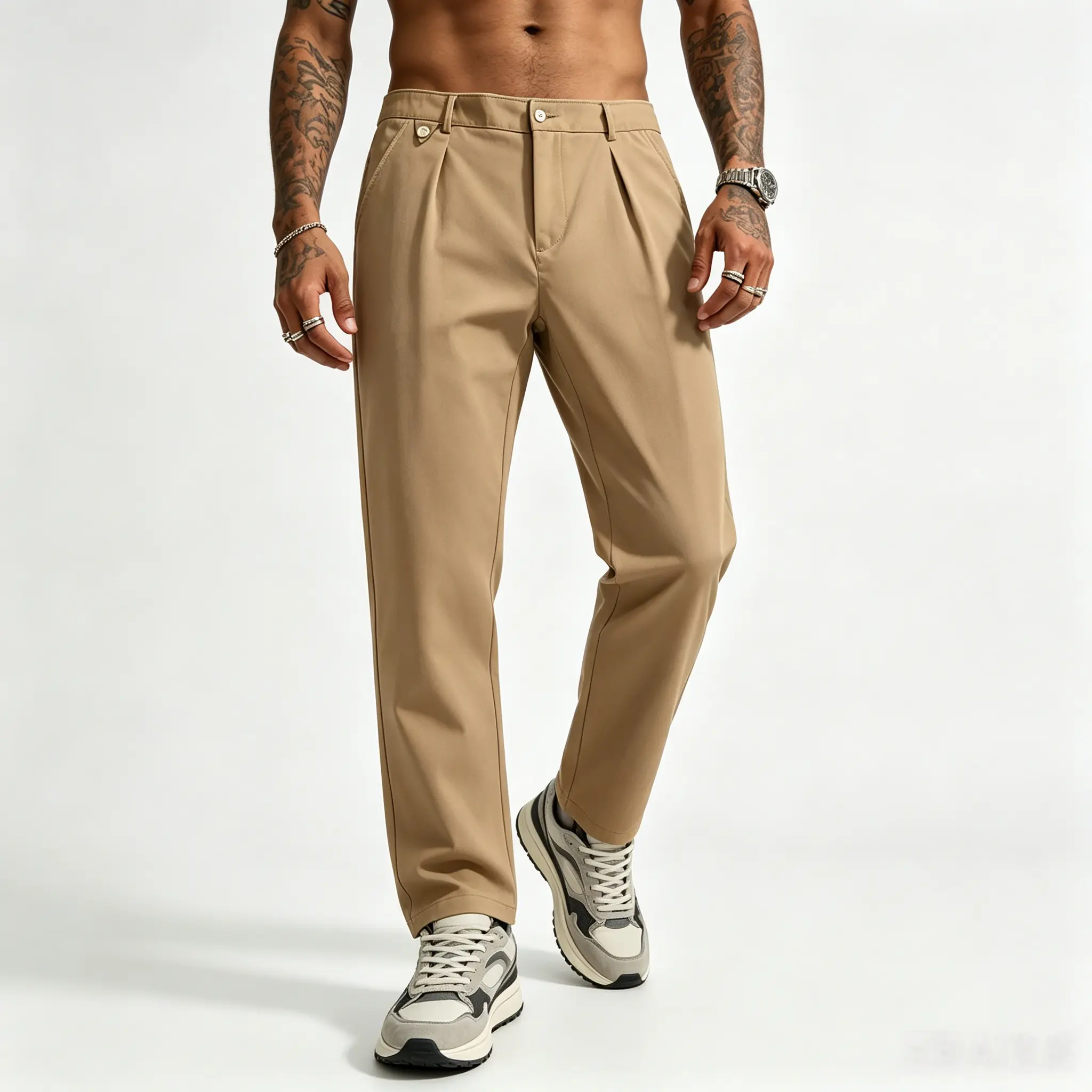 Men's Double Pleated Dress Pants in Khaki - Relaxed Straight Leg Fit with Stretch, Wrinkle-Resistant Lightweight Menswear, Pockets, Office, Soft, Button