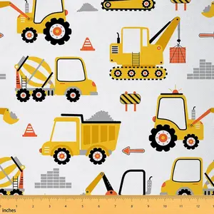 Construction Fabric by The Yard,Equipment Trucks Construction Vehicles Upholstery Fabric,Cartoon Car Excavator Tractor Decorative Waterproof Fabric