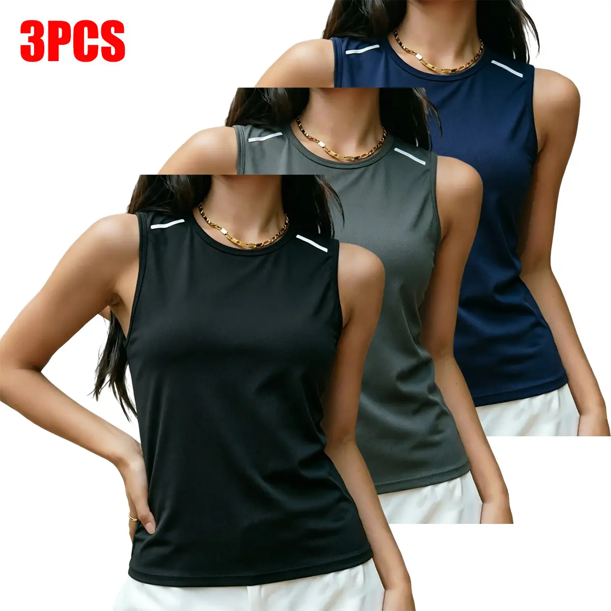 Women's 3-Pack Sports Tank Tops - Lightweight Sportswear Tops, Moisture-Wicking Shirts, Quick-Dry Sleeveless Sports Activewear with Crew Neckline, Polyester Mesh, UV Protection, Reflective Stripes for Golf