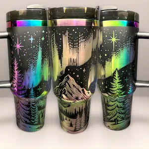 Northern Lights Tumbler Nature Lover Gift Landscape Laser-Engraved Cup with Handle for Hot Cold Drinks Insulated Nature Scene 40oz Stanley
