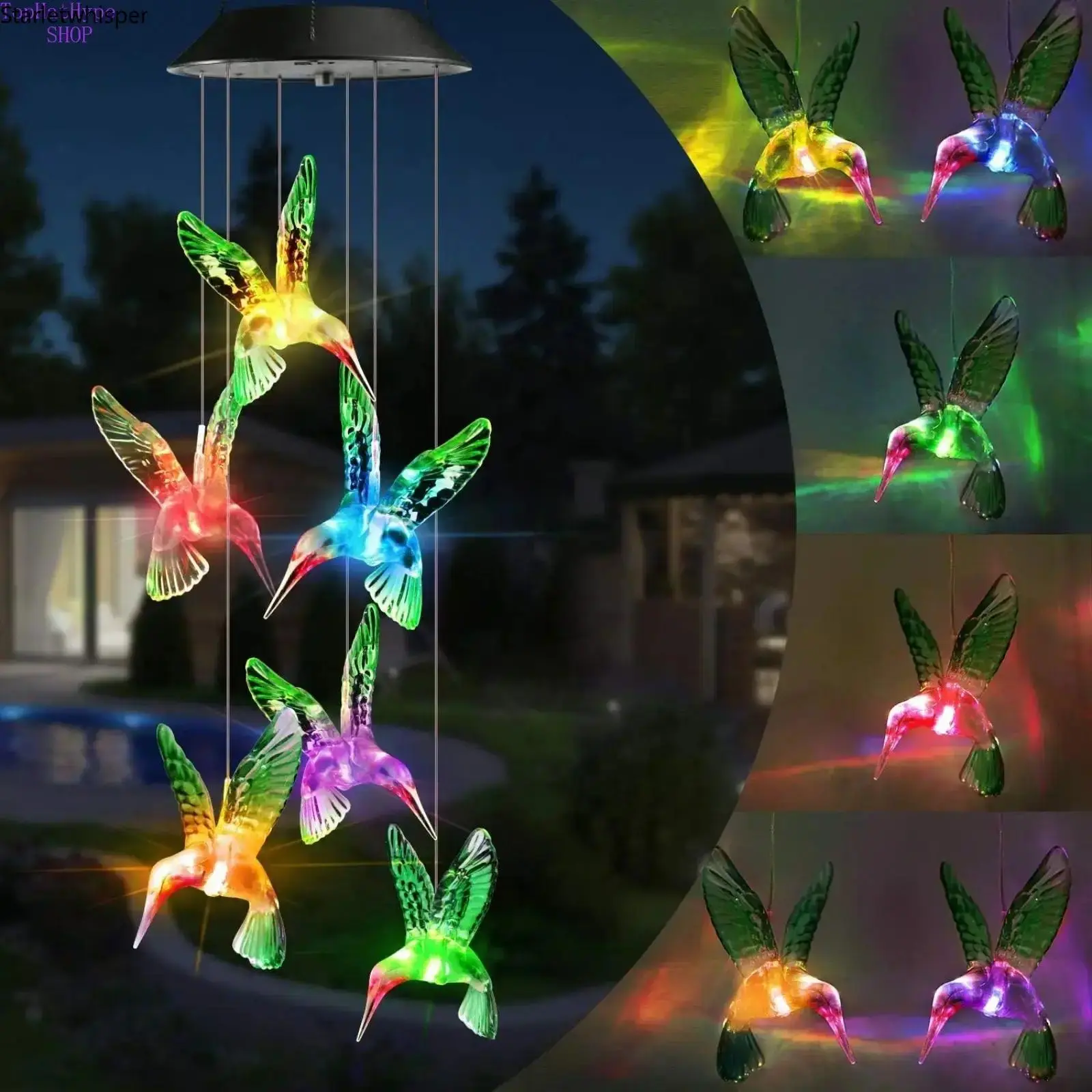 Solar LED Wind Chime Light, Butterfly Hummingbird Bird Shaped Outdoor Lamp, Waterproof Hanging Night Lighting, Auto Charging Decor Light for Patio Yard Lawn Pathway Courtyard Home Garden Art Ornament Decoration