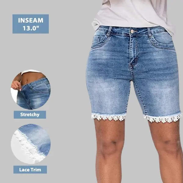 Flamingals Lace Trim Raw Hem Mid Waist Denim Mid Thigh Shorts Jean Fit Blue Casual Summer Vibes