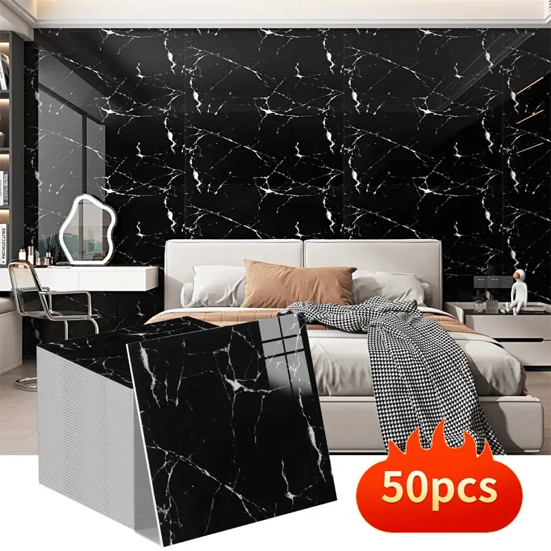 50-Pack Marble Pattern Wall Panels Set, Marble Sticky Wallpaper Peel And Stick, Self-Adhesive Removable Imitation Tiles, High Gloss Finish for Home Decor, Kitchen, Bathroom - Easy to Install, Removable Decorative Wall Panels
