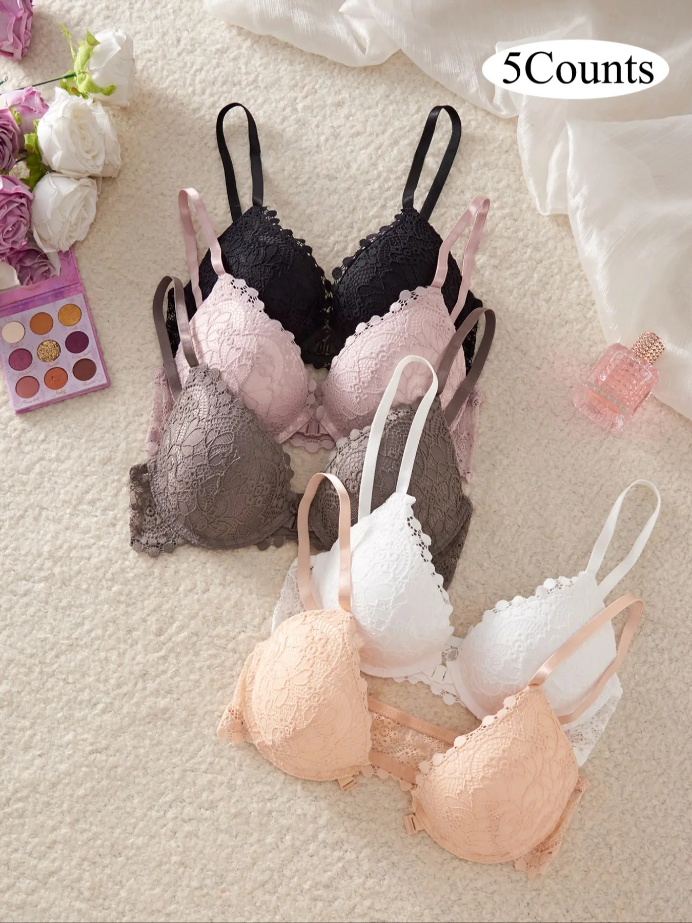 Sexy Front Closure Push Up Bralette Bra Set, Contrast Lace Design, Enhances Support & Lifts Sagging Breasts, Perfect for Small Bust Women