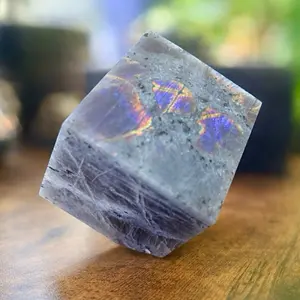 Purple Flash Labradorite Floating Cube - Natural Stone with Unique Coloration and Textures