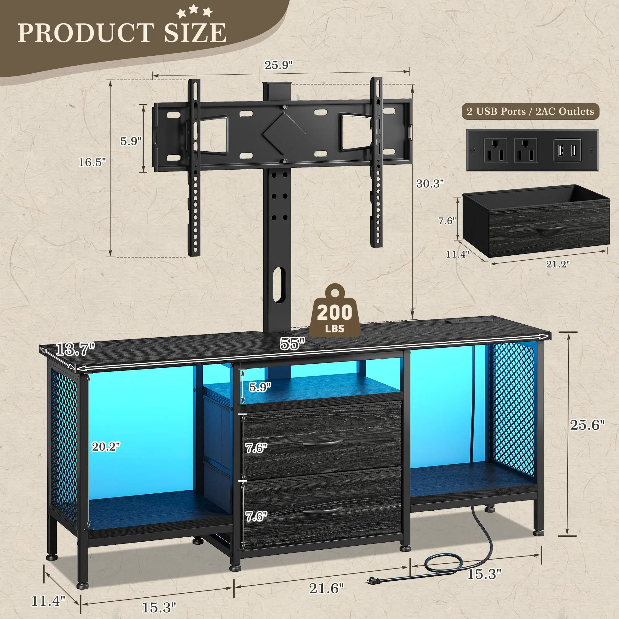 RaybeeFurniture TV Stand with Mount and Power Outlet and LED for 32-65 Inch TVs, Swivel and Adjustable TV Stand for Bedroom with 2 Fabric Drawers, Modern Entertainment Center