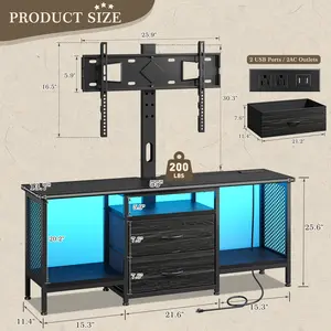 RaybeeFurniture TV Stand with Mount and Power Outlet and LED for 32-65 Inch TVs, Swivel and Adjustable TV Stand for Bedroom with 2 Fabric Drawers, Modern Entertainment Center