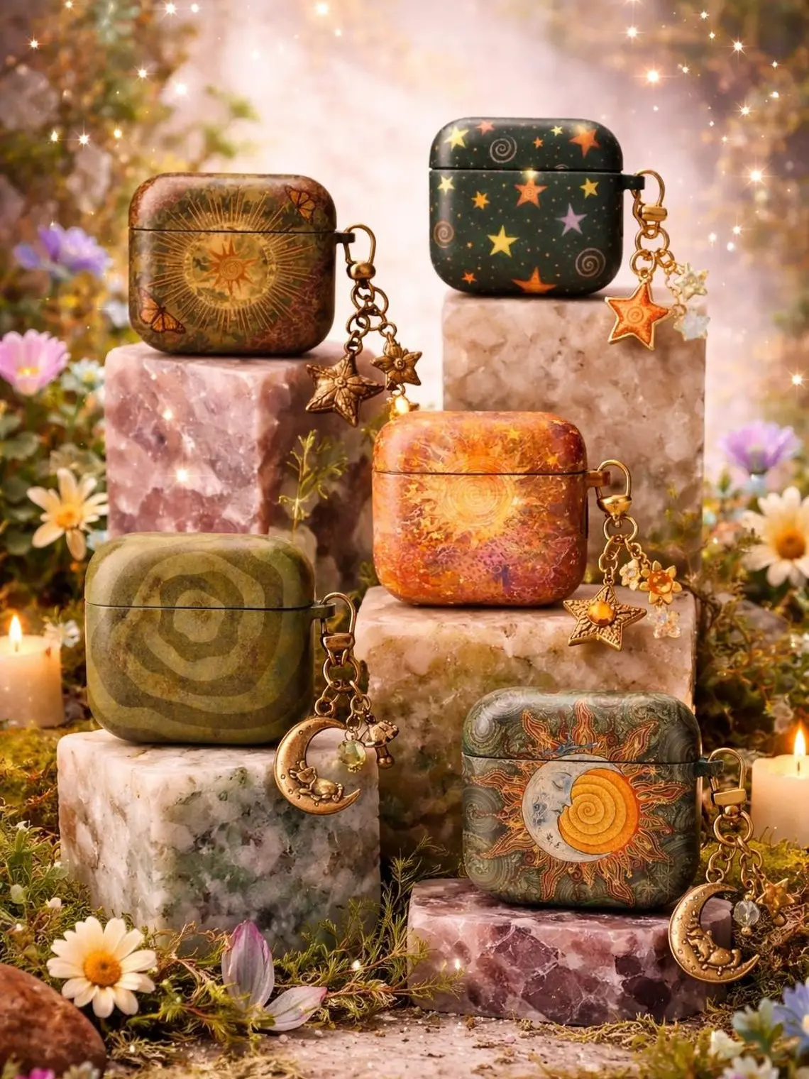Celestial Whimiscal AirPods Case Collection, Sun, Moon, Stars, & Spiral Designs For Airpod Gen 1 2 3 4 Pro, No Keychain, Unique Gift for Her