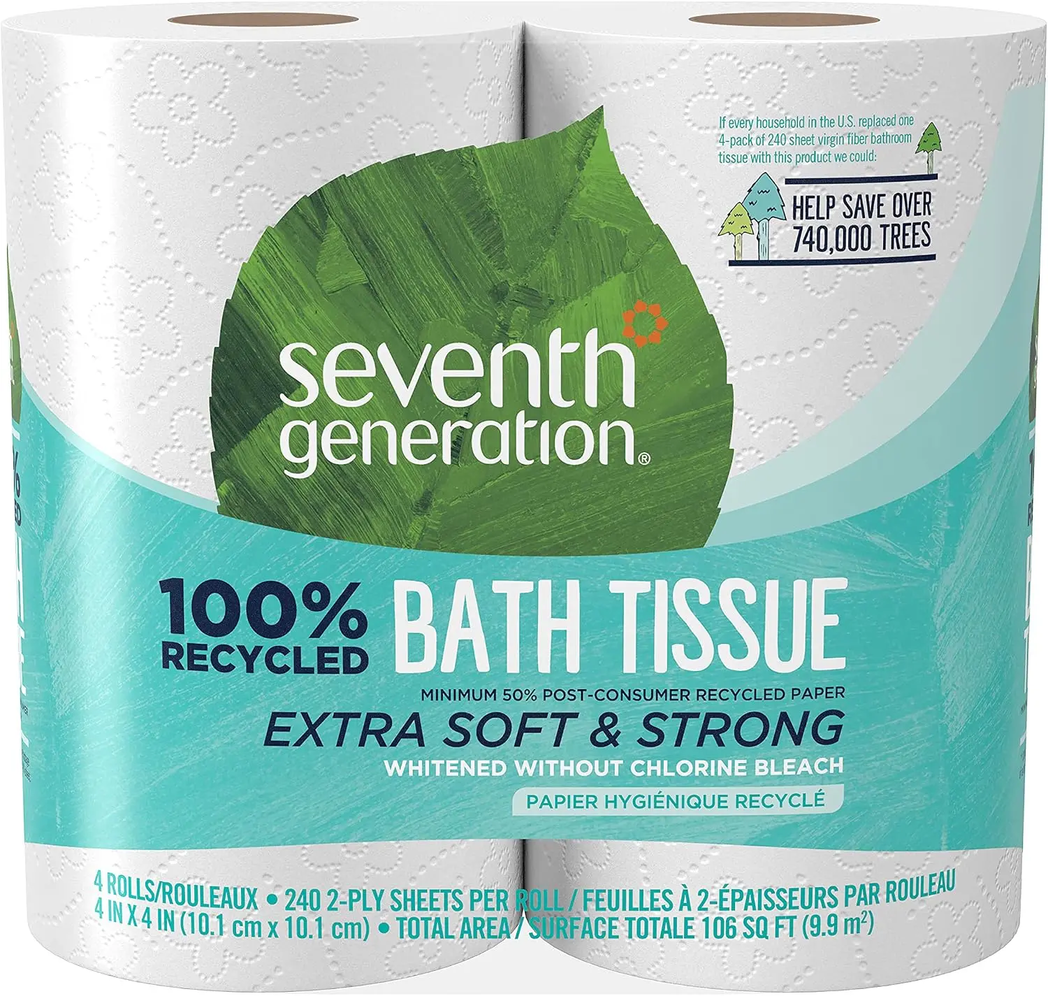Seventh Generation Bath Tissue Toilet Paper Chlorine Free 2 Ply Toilet Paper 100% Recycled Paper 4 Count (Pack of 1)