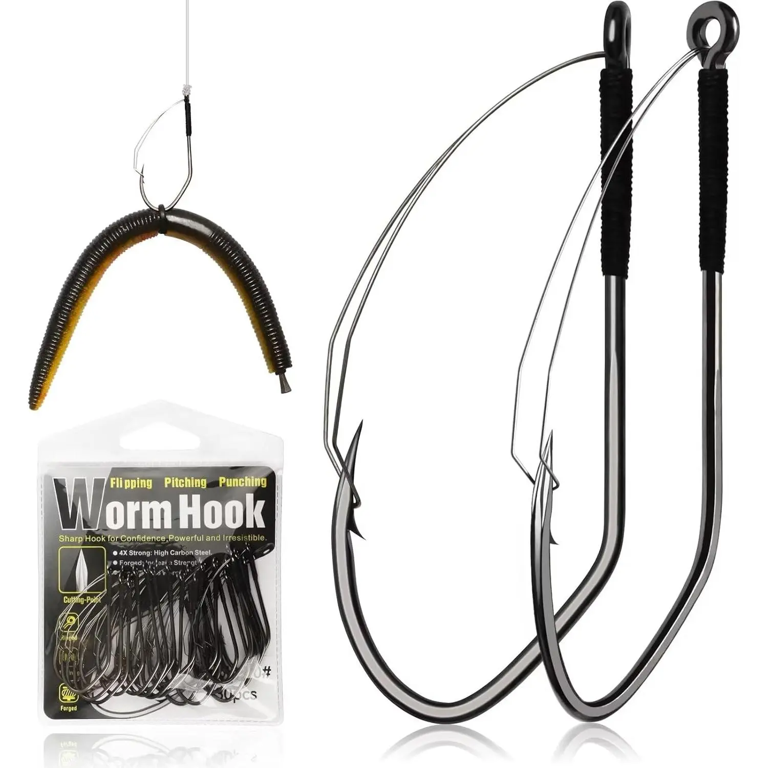 Weedless Worm Hooks Fishing Tackle Kit - 30PCS Multi-Size Strong V-Bend Hooks Set, Secure Hold, Anti-Tangle, Casting, Pitching/Wacky Rigging, 1/0,2/0,3/0 Sizes, Freshwater Saltwater Bass Fishing Setup, Artificial Lure Compatible