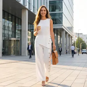 Generisch Two-piece women's summer outfit, 2-piece short sleeve t-shirt and wide trousers, large sizes, festive, elegant trouser suit, casual, loose, casual leisure suit, lightweight air jogging suit