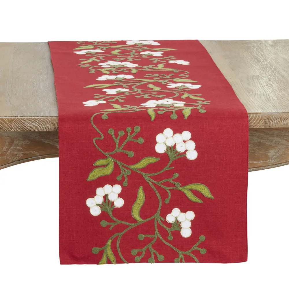 Saro Lifestyle 1670-R1670B Oblong Mistletoe Motif Table Runner, 16x70 in, Polyester Kitchen Linen, Household Textile for Table Decoration, Red