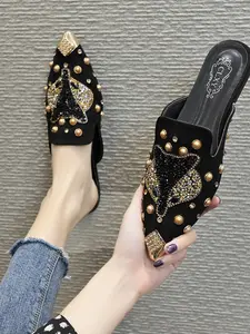 Fox Head Rhinestone Decorated Pointed Toe Slippers, Pearl Stud Evening Party Shoes, Elegant Style for Daily Wear
