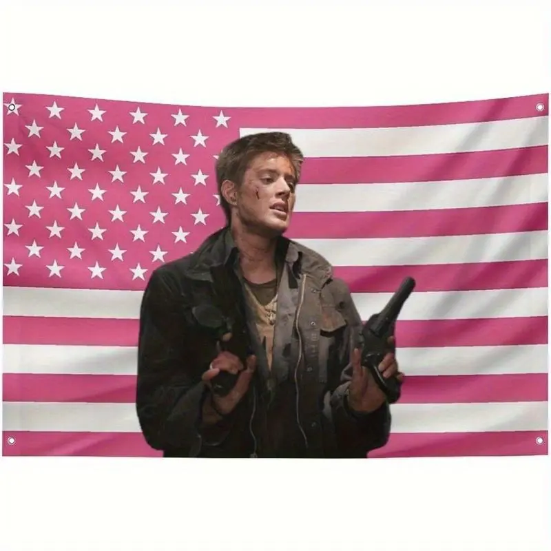 60in x 40in Patriotic Pink Jensen Star Ackles American Flag Wall Decor Guns & Desert Background Design Outdoor/Indoor Use Light 100% Polyestervalentine's wall decor flags