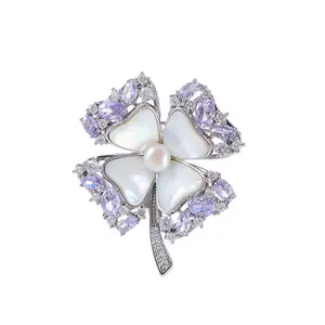 Monet Purple Freshwater Pearl Clover Brooch High-end Mother-of-Pearl Women's Luxury Retro Exquisite Floral Accessories Collar Clips