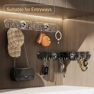 Adhesive Wall Hook Rack with Suction Cups, No Drill Foldable Hook Rail for Renters, Heavy Duty Waterproof Wall Mounted Hanger with 8 Hooks for Bathroom Kitchen Entryway Dorm, Transparent or Black Damage-Free Reusable Wall Hooks for Towels Coats Keys