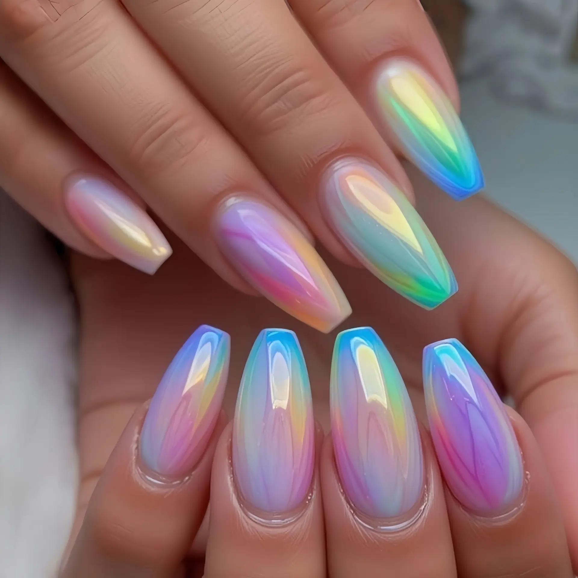 24pcs Ombre Coffin Shape Press on Nails with Glossy Finish, Iridescent Shimmer Effect, Gradual Color Transition, Easy Application & Long-Lasting Wear, Summer Nails, Fake Nail, Nail Design