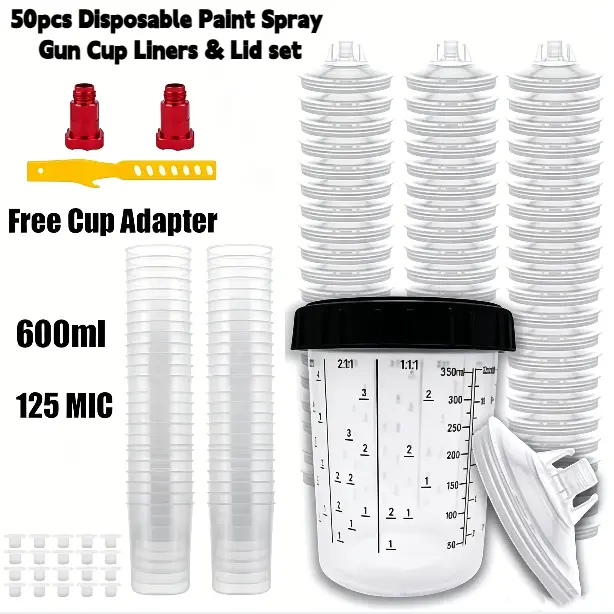 50pcs Disposable Paint Spray Gun Cup Liners & Lid set, 600ml 125 Micron Filters, Hard Cup with Retainer Ring, 2 Adapters & Stirrer, for Automotive HVLP Spray Guns Expert Airbrush Kit Hardware, Paint Spraying Tool