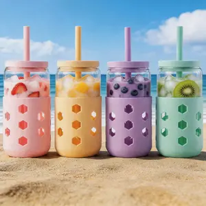 Mrsdry Round Glass Cups (4 Pcs, 16oz & 20oz) with Airtight Lids, Straws & Silicone Sleeves - Colorful Reusable Water Bottles & TikTok Viral Beverage Tumblers for Iced Coffee & Smoothies, tumbler，Summer Essential Gift for Coffee Lovers