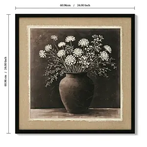 24x24 Framed Canvas Wall Art, Vintage Floral Still Life with Burlap Border & Texture Paste, Rustic Farmhouse Neutral Decor for Living Room Bedroom, Ready to Hang