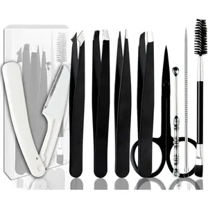 [9+1 PCS] Tweezers Kit, Tweezer for Women Facial Hair, Professional Tweezers Set, Eyebrow Tweezer, Professional Stainless Steel Eyebrow for Women &Men,Black And Pink Beauty Sets.