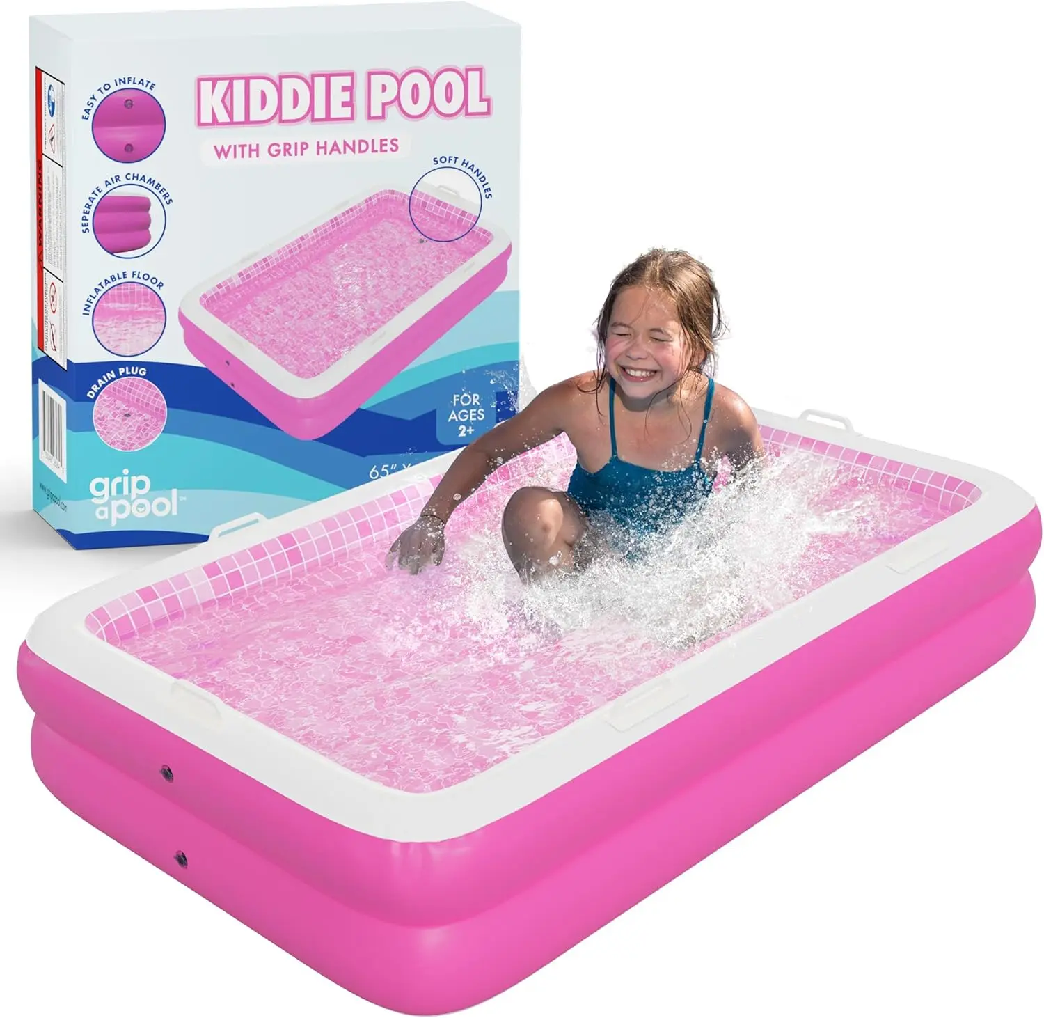 Small Inflatable Kiddie Pool 65"x39"x10" (5'5") Blow Up Soft Bottom, Handles, Drain, Shallow Rectangular Blowup Swimming Pool for Kids Age 2+ Toddler Ball Pit Small Adult Backyard Tanning Pool - Pink