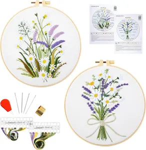 Embroidery Kit for Beginner Adults, Stamped Cross Stitch kits for Adults Beginners, Flower Hand Embroidery Starter Needlepoint Kit, 2 Set Embroidery Supplies, 2 Hoops (Attached Teaching Video QR Code)