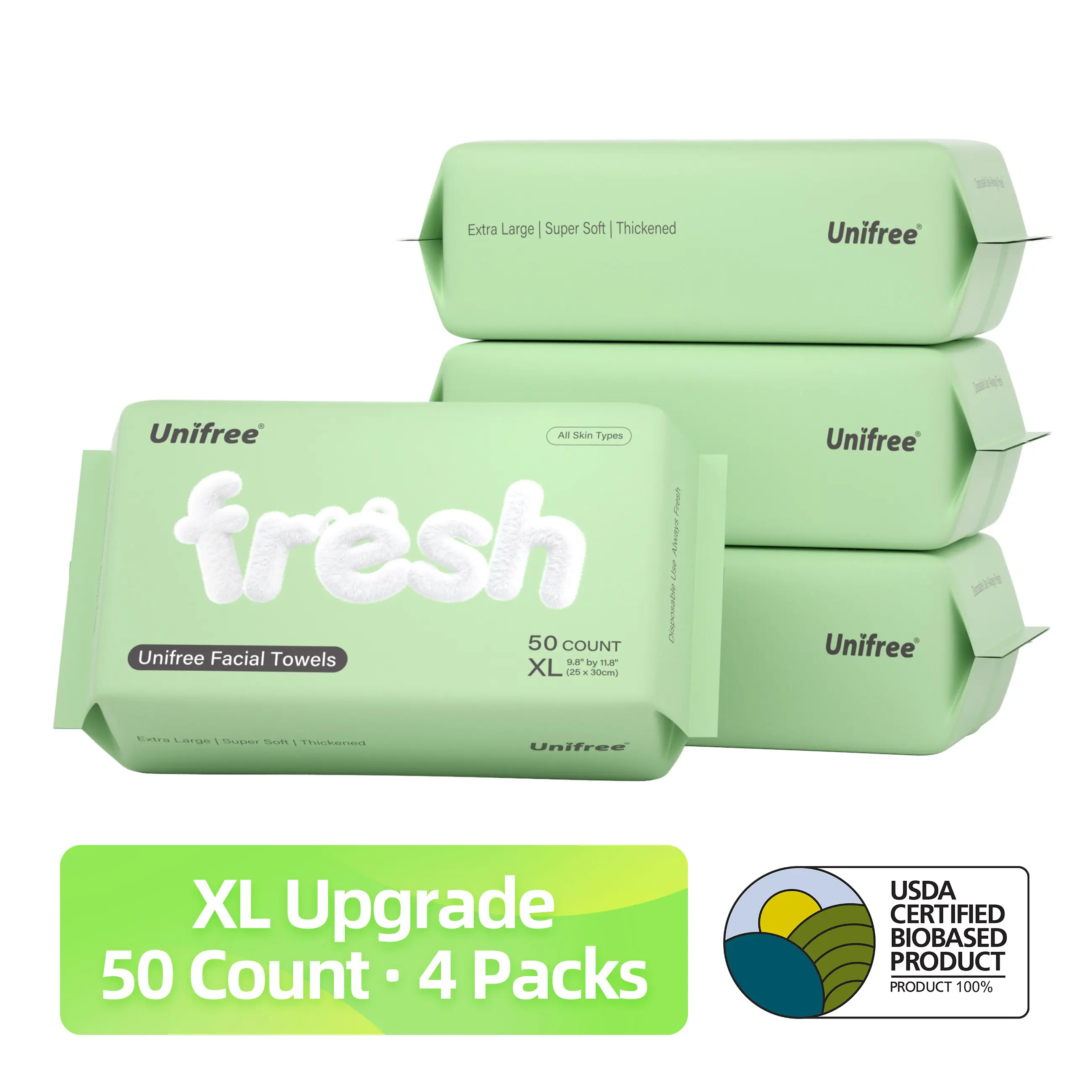 Unifree XL Upgrade Disposable Face Towels – Plant-Based, Larger & Thicker, Soft & Absorbent, Odor-Free, for Makeup Removal & Skincare