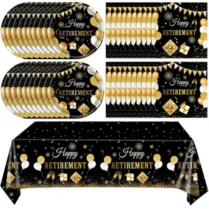 41-Piece Black and Gold Retirement Party Set Plates, Napkins, and Tablecloth for Men and Women