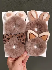 4pcs autumn and winter cute rabbit bear ears hair ring, soft thick plush warm suitable for women's high ponytail double ponytail head rope, high elastic animal pattern fashion exquisite rubber band Scrunchies