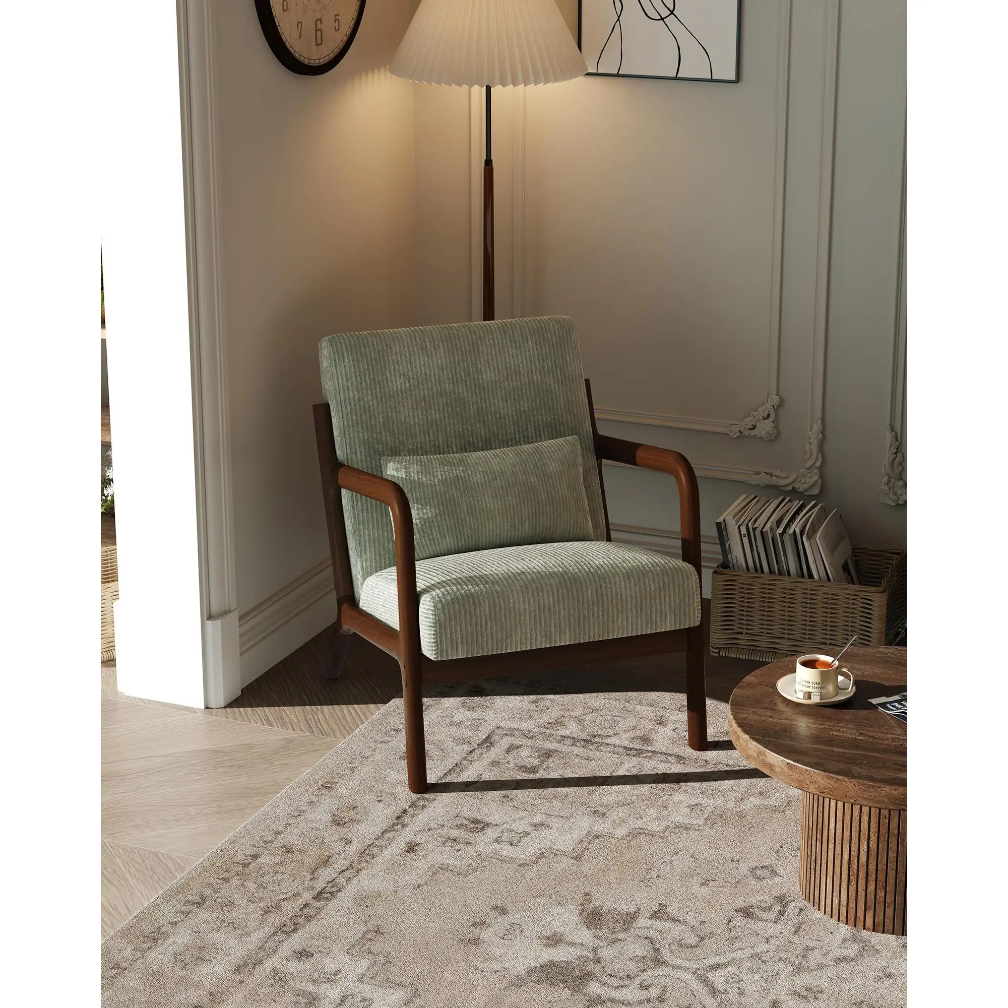 Garvee Modern Wide-Wale Corduroy Accent Chair with Lumbar Pillow, Solid Wood Frame Mid-Century Lounge Armchair for Living Room, Bedroom, Office in Green