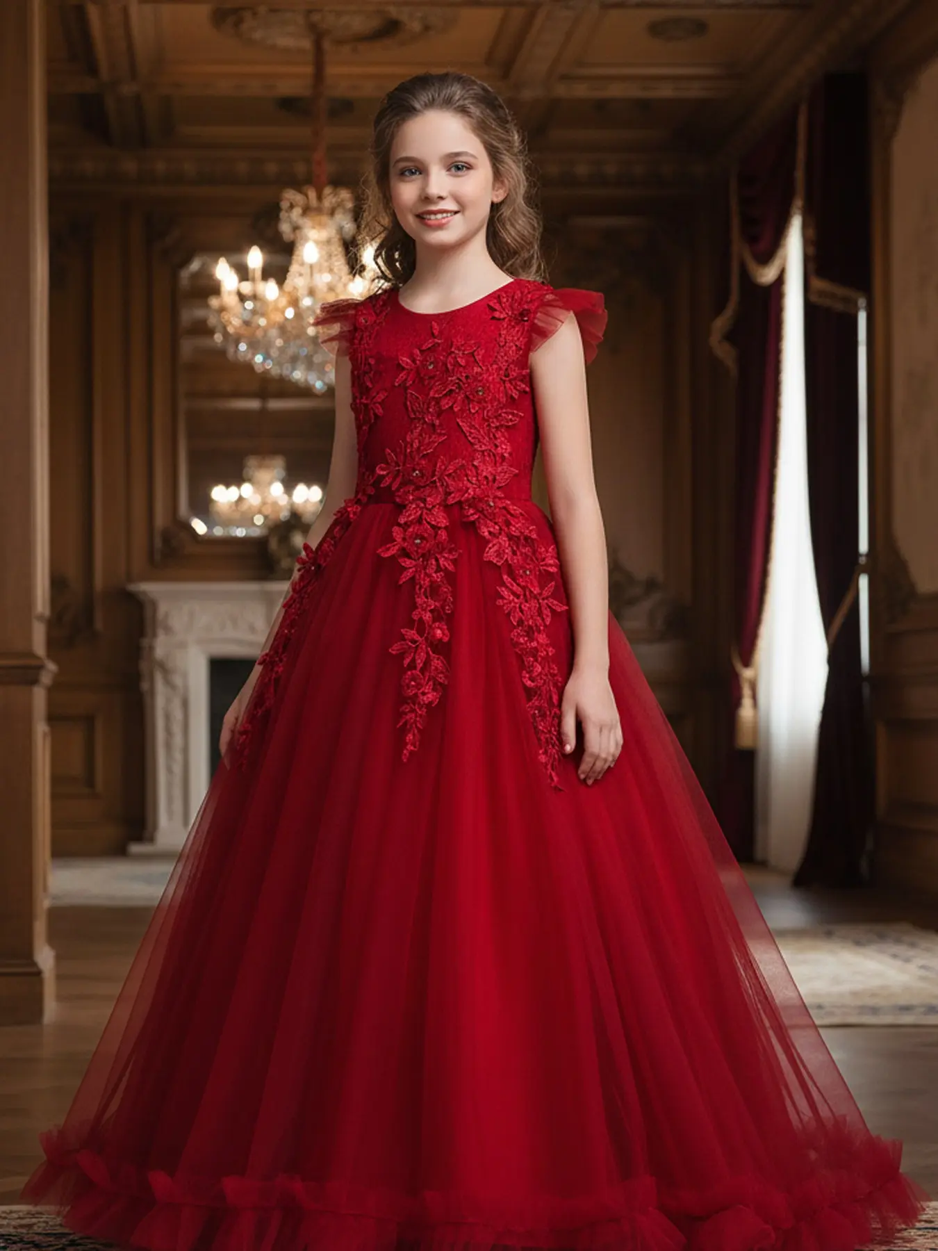 Girl's Floral Embroidery Contrast Mesh Bow Back Satin Tulle Overlay Dress,  Elegant Cap Sleeve Frill Trim