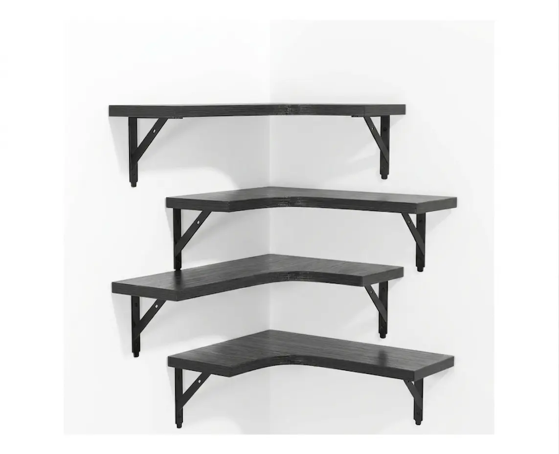 Set of 4,  Corner Floating Shelves Wall Mounted, Rustic Wood Storage Display Shelves for Home (Set of 4, Black)