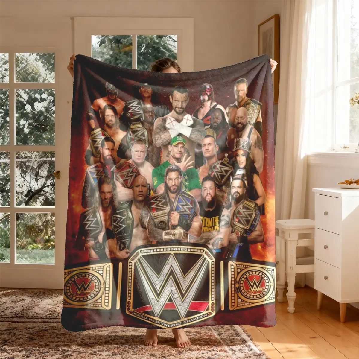 Wwe Stars Champion Flannel Blanket, Large Size, Soft Lightweight Warm, Perfect for Bed Sofa Office Camping Travel, Christmas Gift, Flannel Cozy Blanket