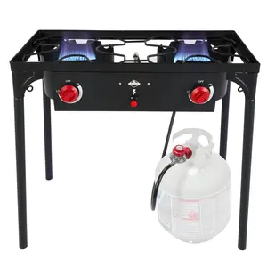 Hike Crew Auto Ignition Double-Burner Outdoor Gas Camp Stove | 150,000 BTU Portable Propane-Powered Cooktop with Blue Flame Control, Removable Legs, Temperature Setting Knobs | Includes Hose & Regulator