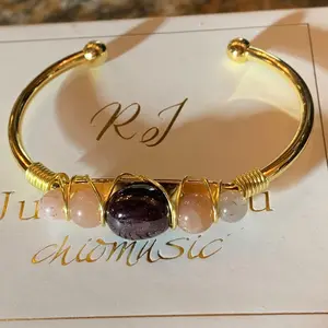 Amethyst and Combined Rose Quartz Bangle Bracelet Gold-Tone Wire Wrapped Gemstone Jewelry