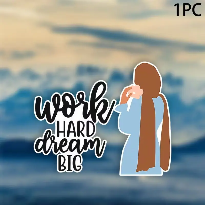 Hijabi Woman Motivational Sticker, “Work Hard, Dream Big” Arabic Quote Vinyl Decal for Cars, Laptops, Water Bottles & Luggage, Inspirational Muslim Women Hijab Art