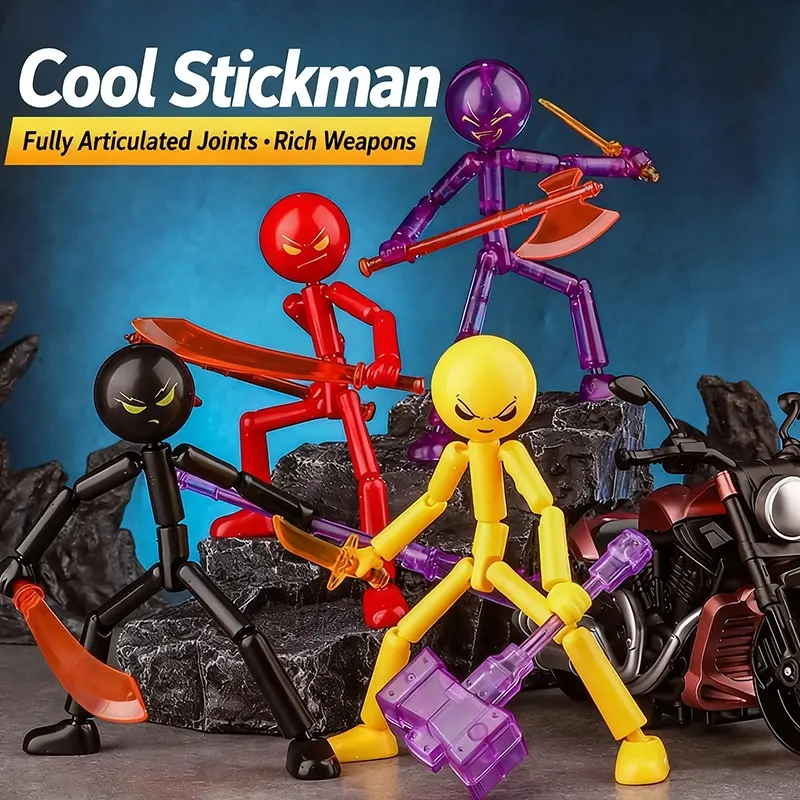 Bust Walk Matchstick Man Multi-Jointed Action Figure, 13 Jointed Movements, Trendy Toy, Poseable Collectible Action Figure, DIY Assemble Bust Walk Matchstick Model with Weapon Set, Articulating Whimsical Figurines