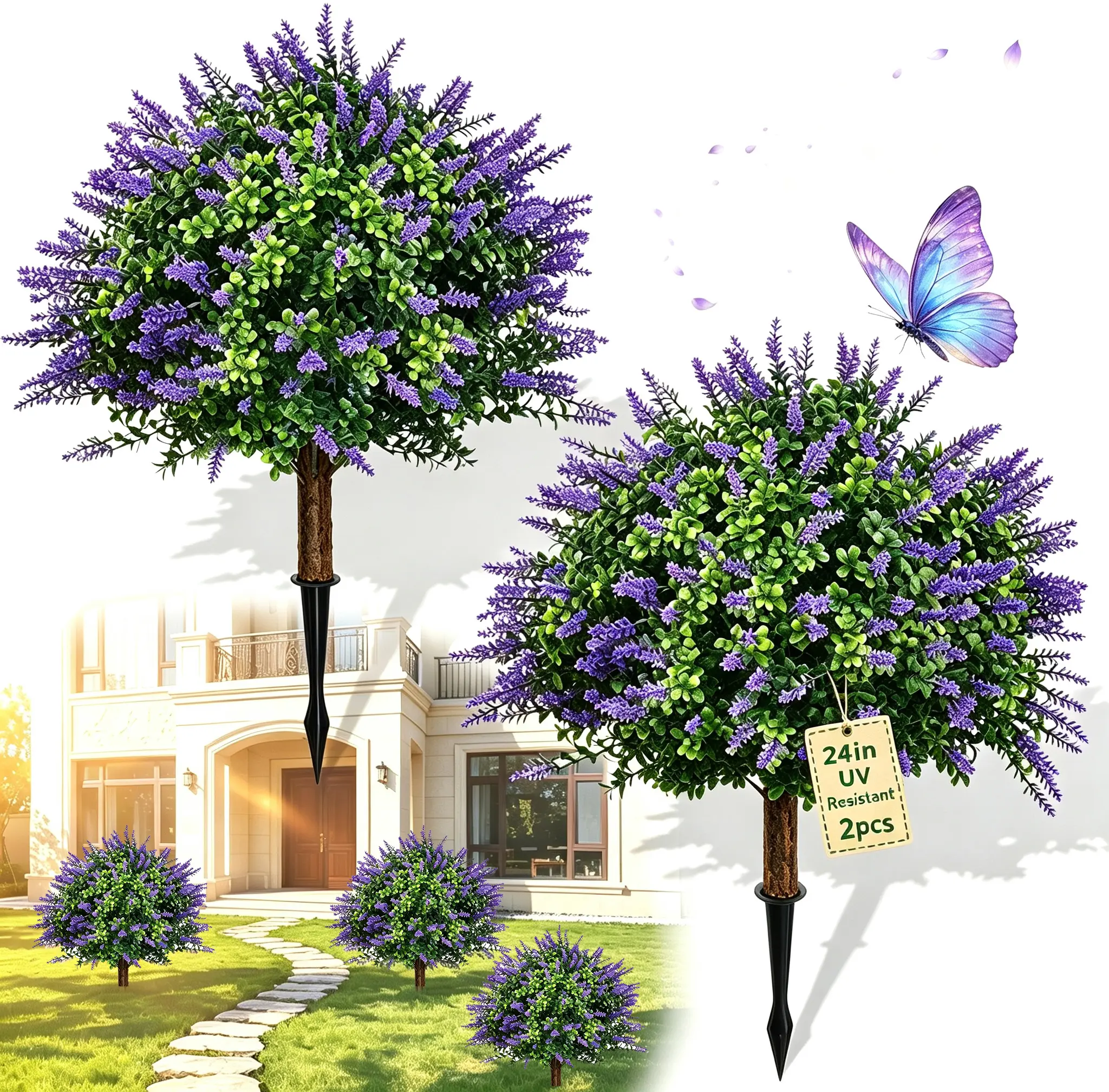 2-Pack 24" Realistic Artificial Lavender Boxwood Topiary Tree with Ground Spike, UV Resistant No Maintenance Faux Plants, Weather Proof Artificial Flowers for Front Porch, Yard, Garden Indoor Outdoor Landscaping Decor Decorative Fruit Decorative