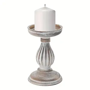 Rustic Solid Wood Whitewash Candle Holders Set of 3, Farmhouse Style Wooden Table Centerpieces for Home Decor & Events