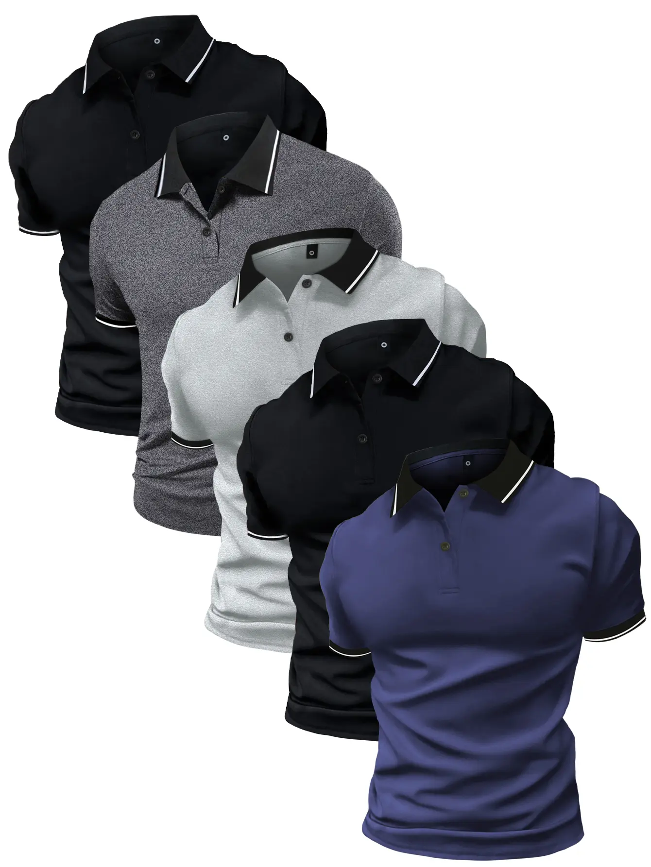 Men's 5-Piece Premium Polo Shirt Set - Button Collar, Slightly Stretchy Tropical Polyester Knit Tops, Short Sleeve Menswear, Earth Yellow, Single-Layer Flat, Formal Summer Workwear, Shortsleeve, Mixed Color
