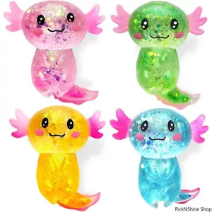 {Buy One, Get Three Free}4 Pack Glitter Axolotl Squishies Set, Sensory Fidget Toys For Anxiety Relief, Ultra Soft Slow Rising Water Bead Balls For Kids Teens, ASMR Animal Birthday Party Favors Goodie Bags