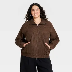 Women's Mock-Neck Full Zip Bomber Jacket - A New Day Brown Dot 1X