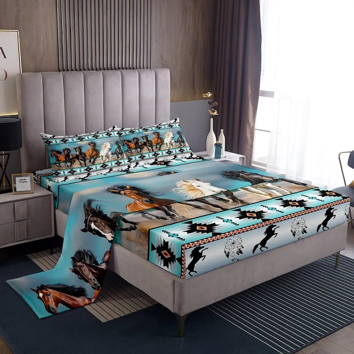 Horses Sheet Set,Teal Southwestern Native Aztec Bed Sheets,Farmhouse Wildlife Fitted Sheet,Indian Tribal Bohemian Dream Catchers Flat Sheet, Boho Bedding, Decorative Bedsheet Sets