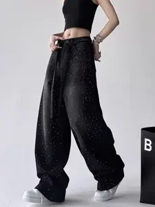 Haki & Cu Women's Slim-Fit Rhinestone-Embellished Wide-Leg Jeans Floor-Length Black & Gray Diamond Pants All-Season Non-Stretch Trousers for Casual & Formal Events Luxury Sparkling Wide-Leg Pants