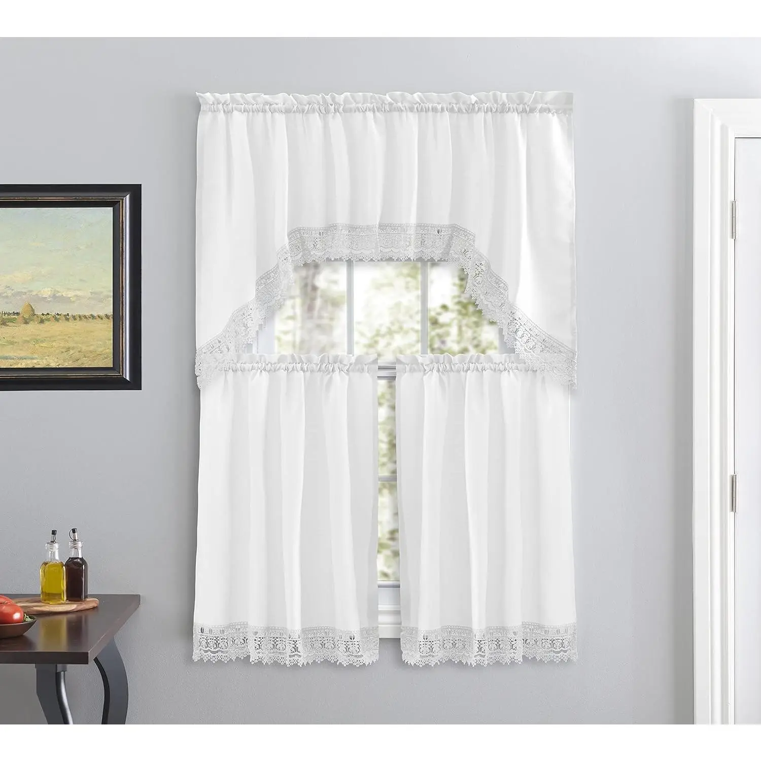 White Embroidered Lace Border Cafe Style Curtains with Valance - Room Decor Curtain for Kitchen, Bathroom